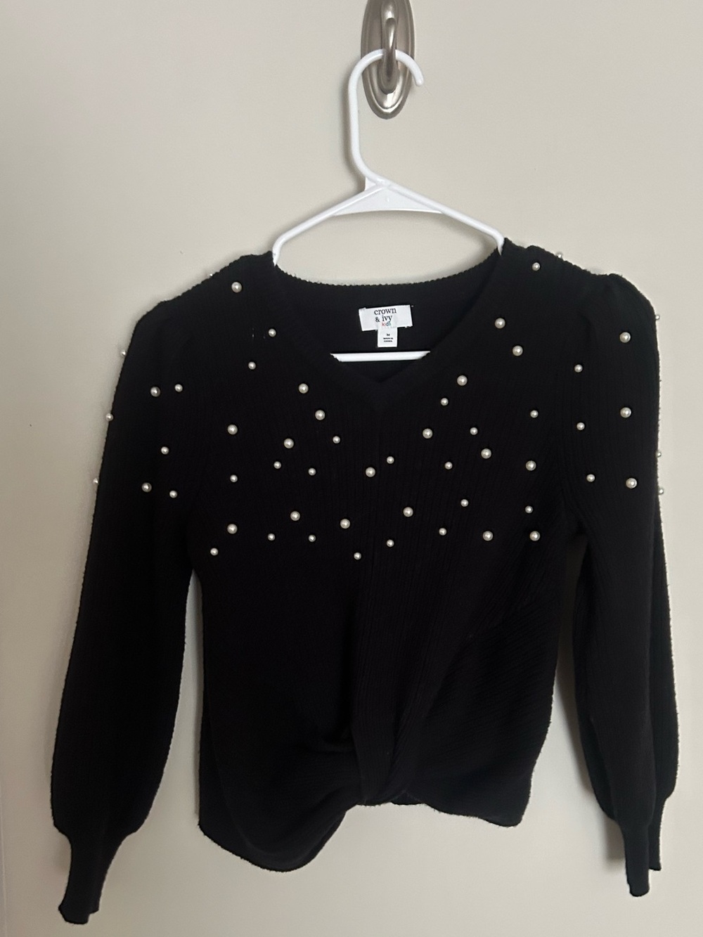 Girls crown & ivy Black V-Neck Pearl-Embellished Sweater worn once size medium.